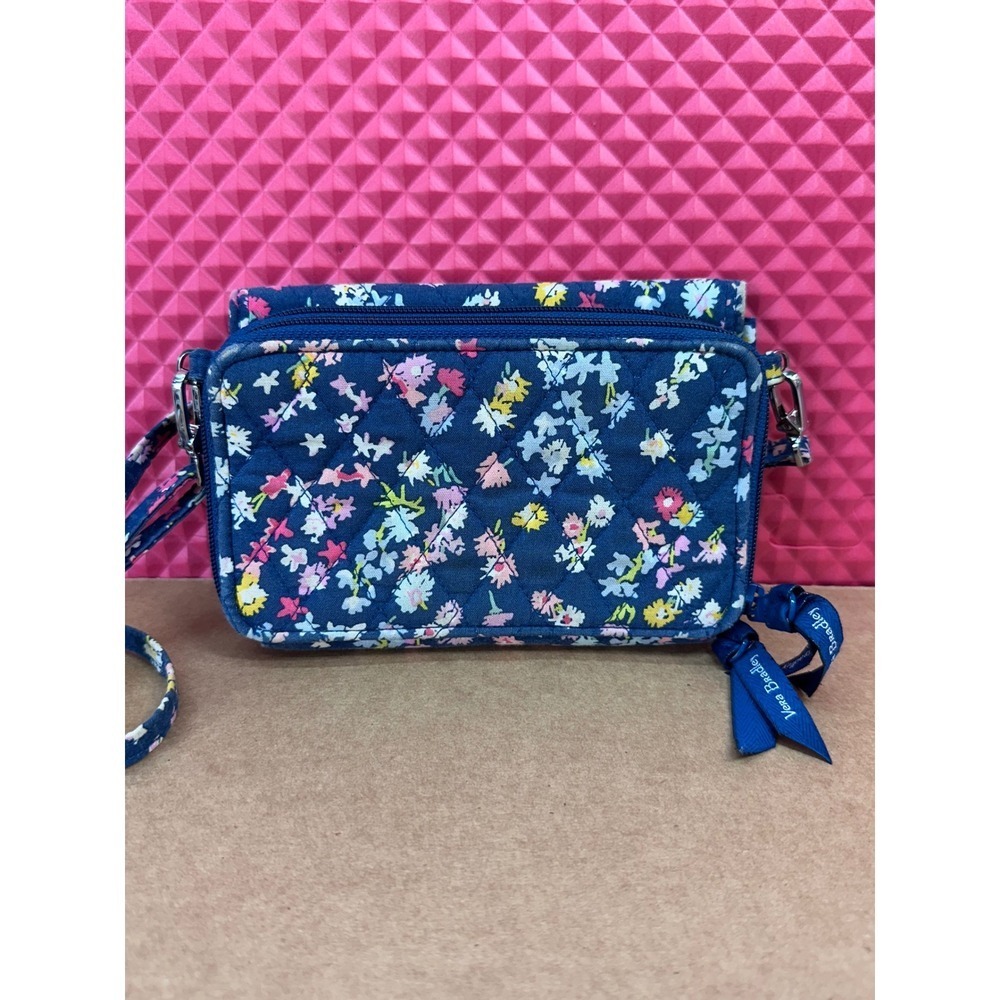 Vera Bradley Quilted Floral RFID Crossbody Wallet Bag Navy Blue - Picture 3 of 13